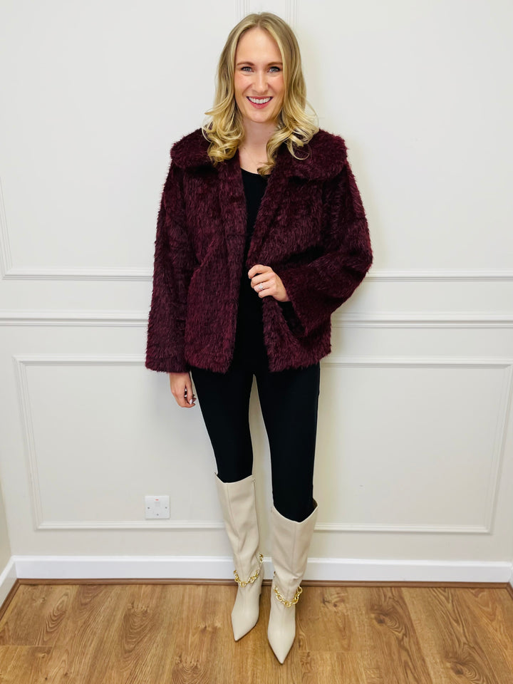 "KATE" Faux Fur Coat-Burgundy