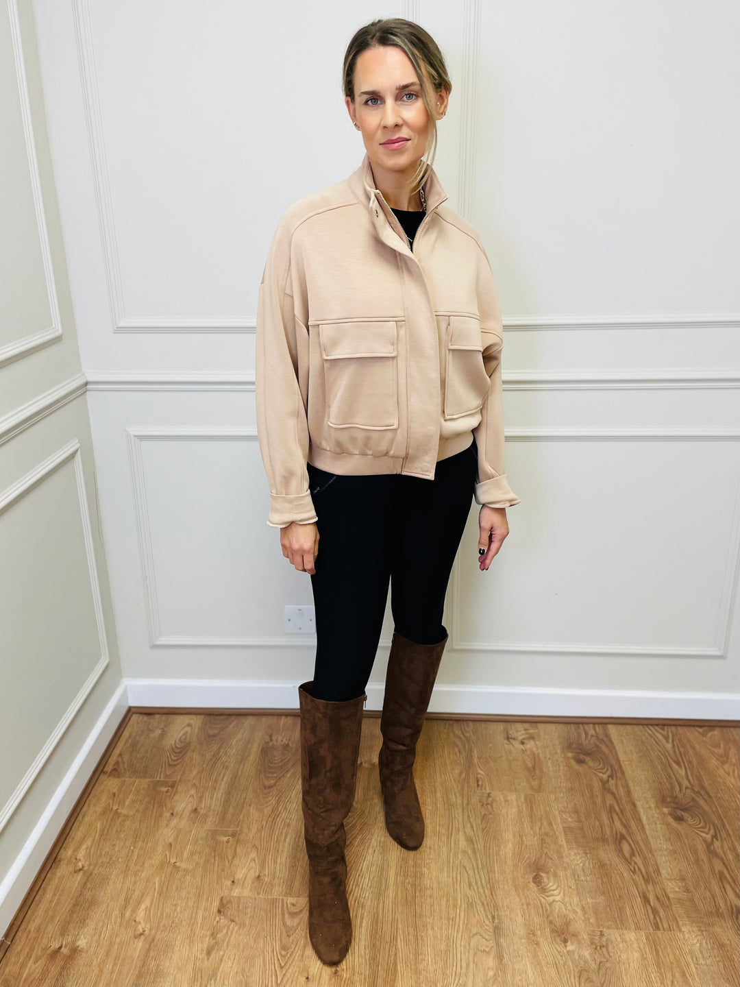 "REGINA" Zip Bomber Jacket-Beige