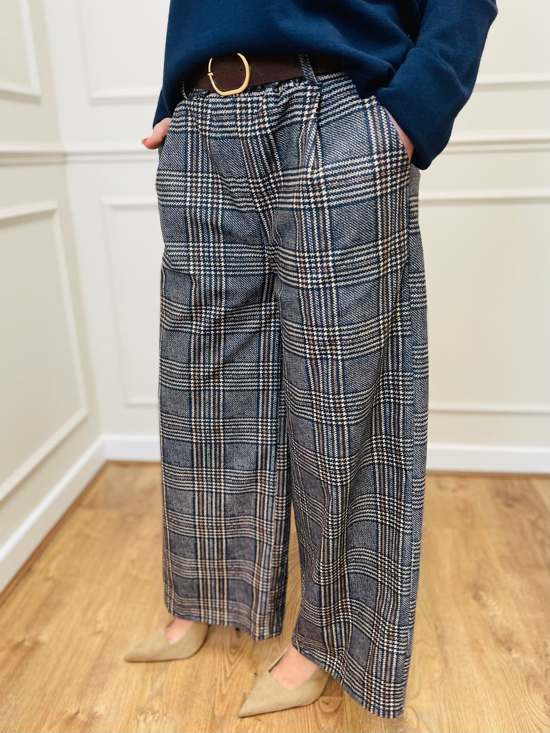 "ALANI" Check Print Trouser-Navy/Cream & Brown