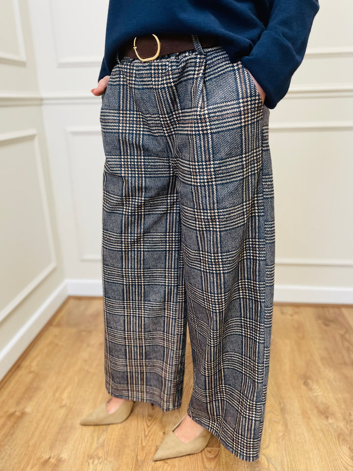 "ALANI" Check Print Trouser-Navy/Cream & Brown