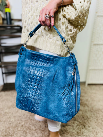 "RILEY" Leather Tote Handbag-Denim Blue