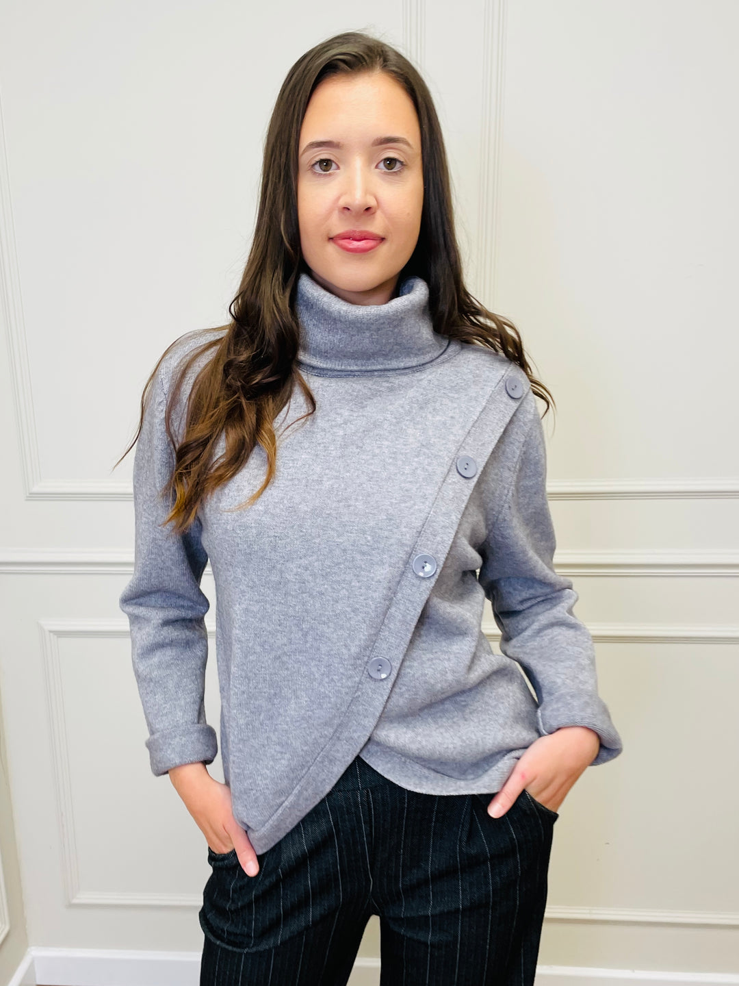 "LUNA" Wrap Button Jumper-Silver