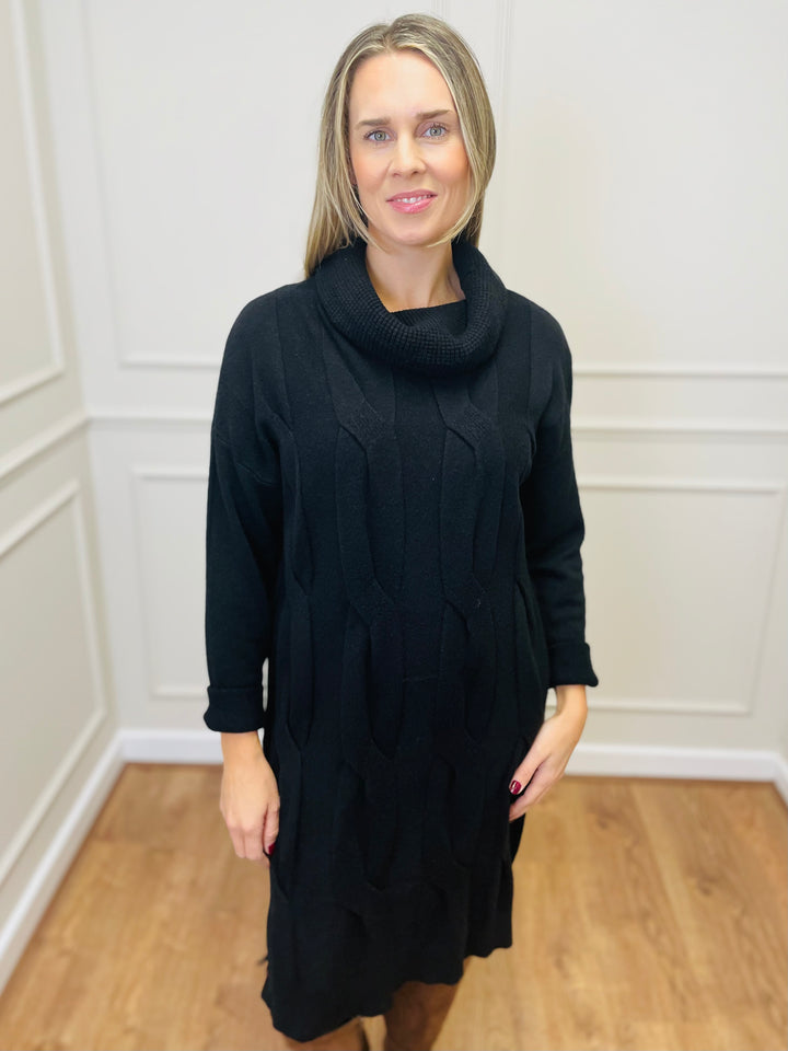 "BELINDA" Cable Knit Roll Neck Dress-Black