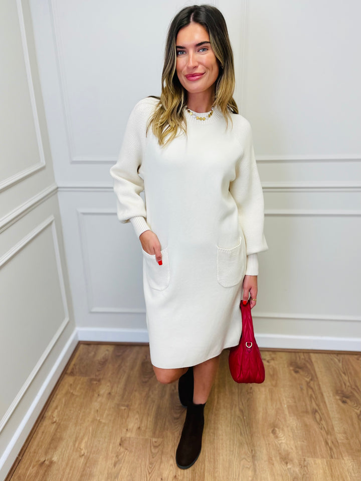 "TAYLOR" Pocket Knit Midi Dress-Cream