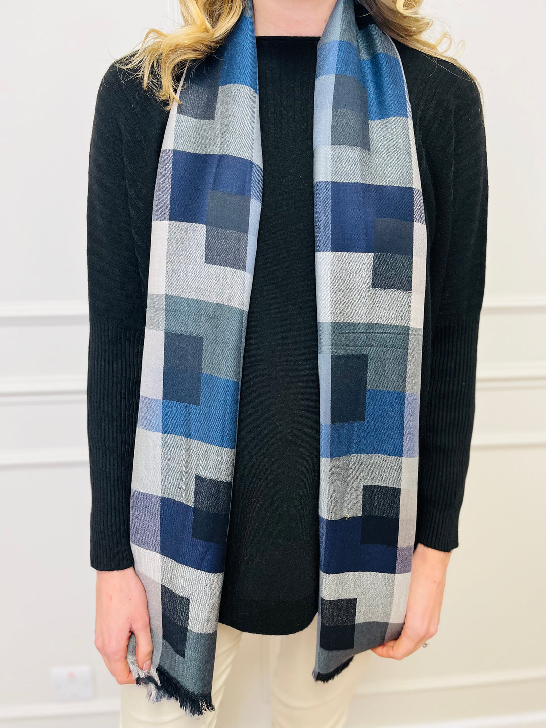 Block Print Scarf-Navy/Grey & Black