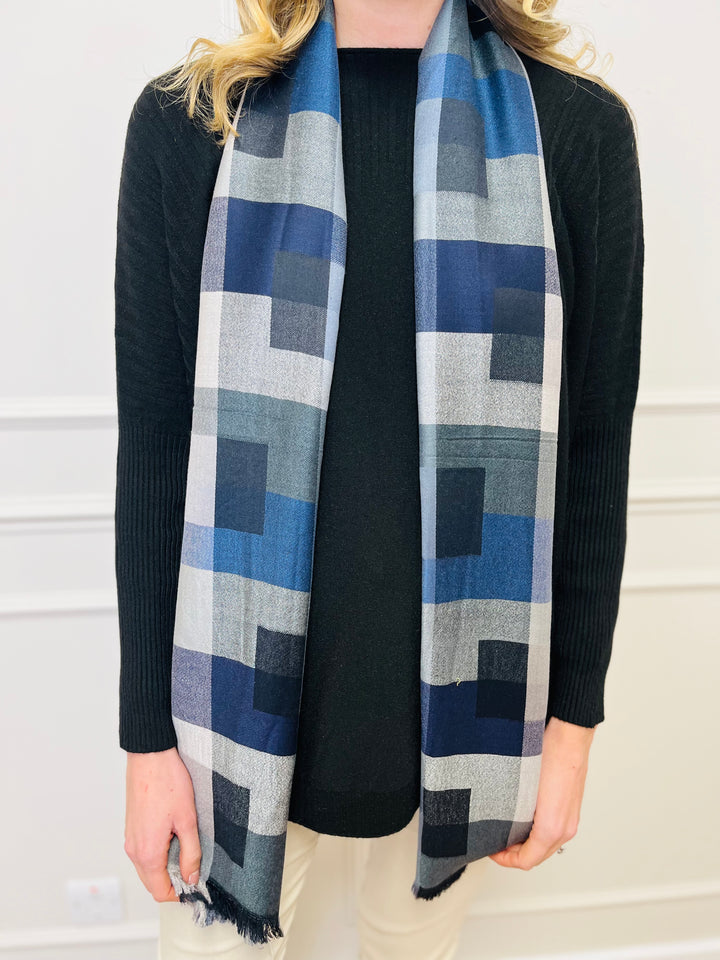 Block Print Scarf-Navy/Grey & Black