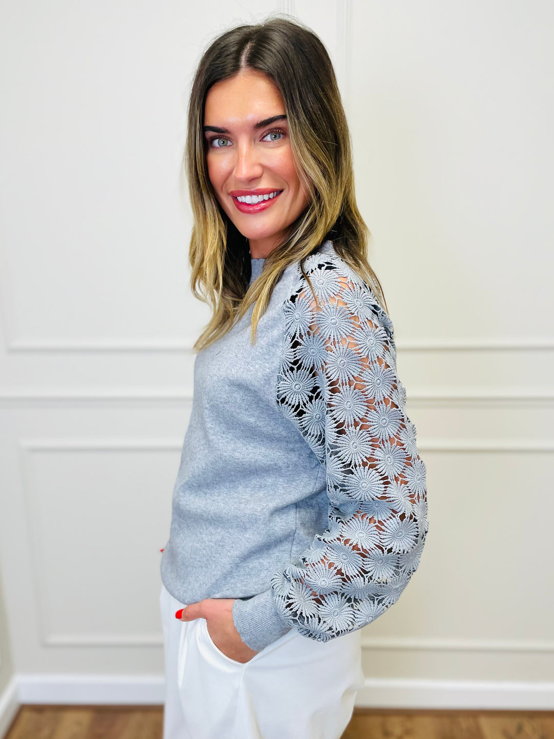 "WINNIE" Lace Sleeve Jumper-Grey