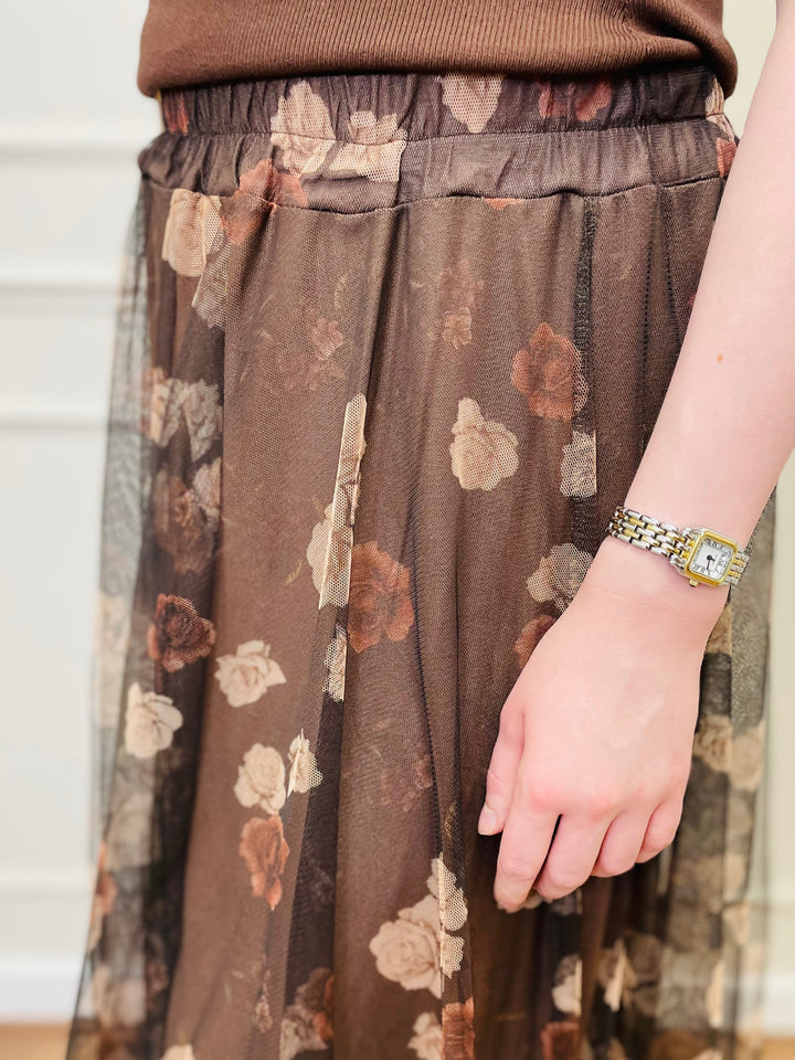 "IZZY" Floral Print Tulle Skirt-Black & Tan