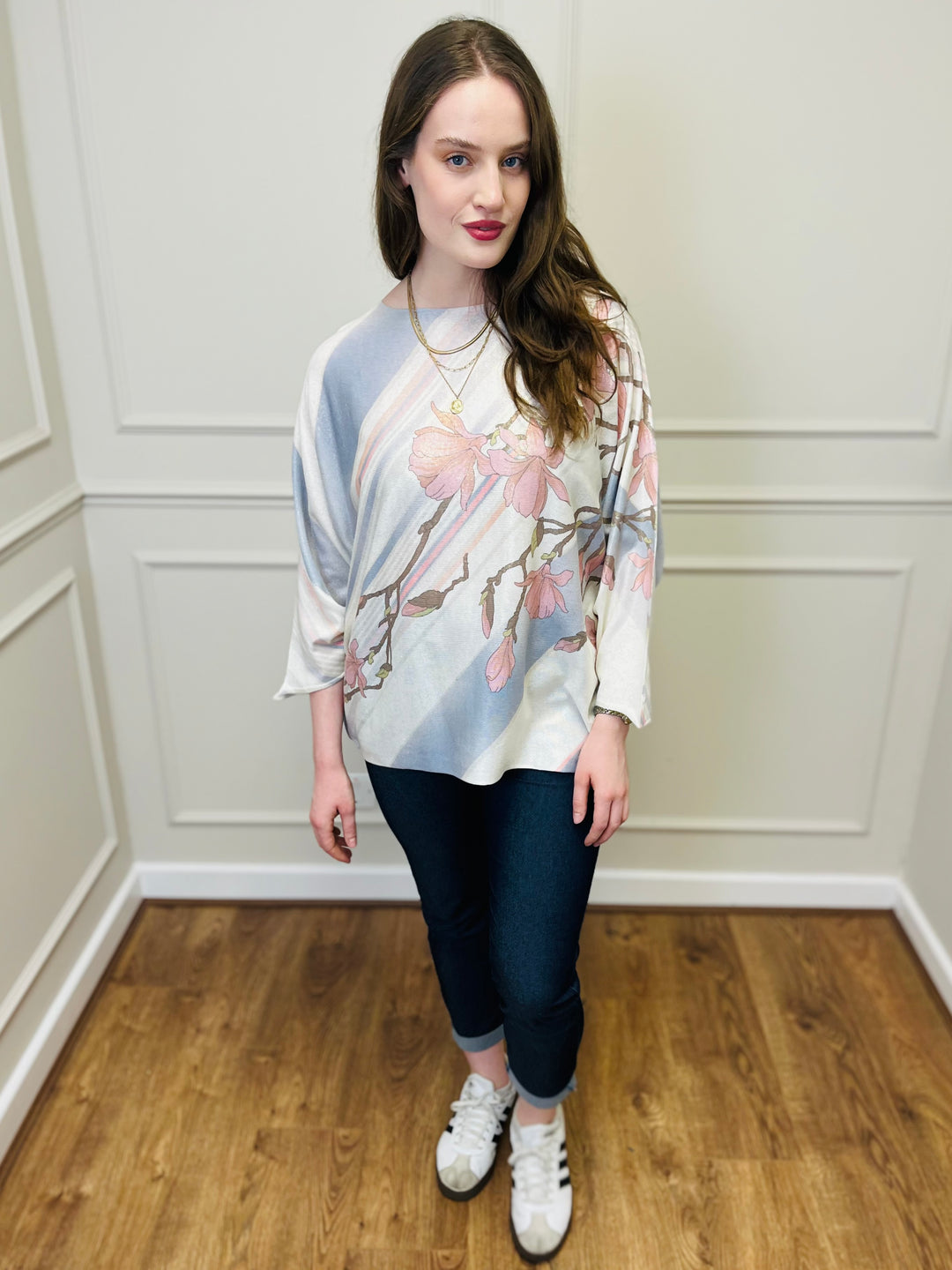 "SPRING" Floral Print Fine Knit-Cream & Blue