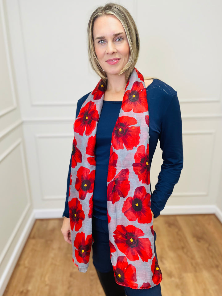 No.119 Poppy Print Scarf-Grey & Red