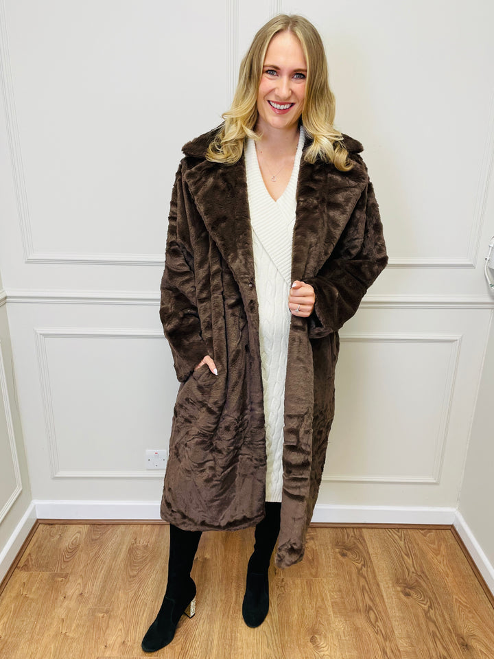 "NATALIA" Longline Fur Coat-Brown