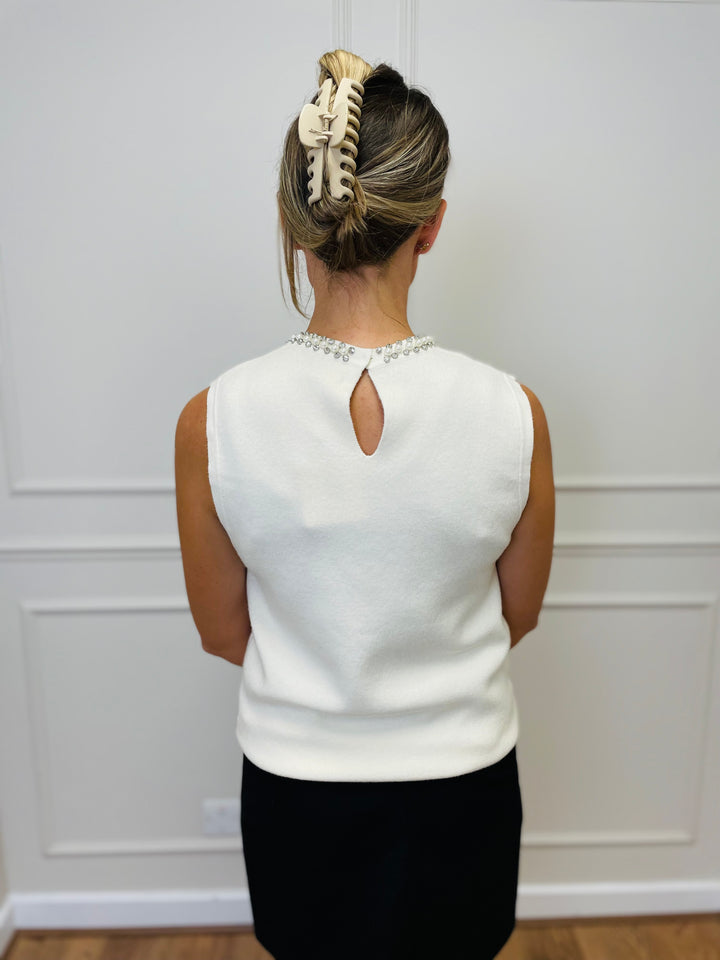 "SCARLET” Embellished Knit Top-Ivory