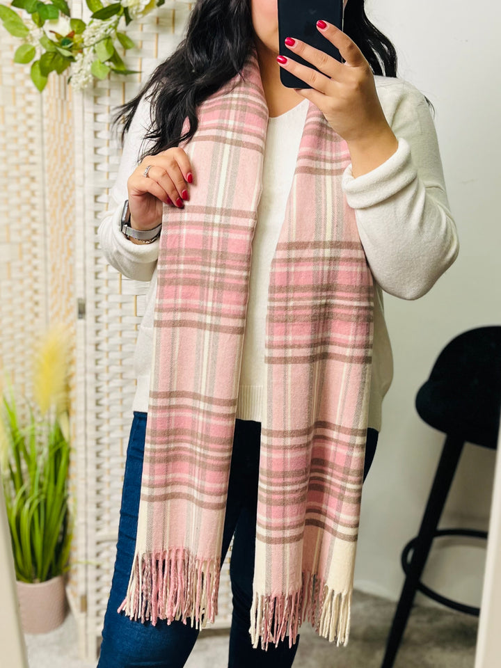 No.17 Check Print Scarf-Pink & Cream