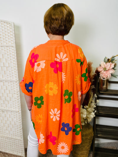 "DONNA” Floral Print Shirt-Orange & Multicolour