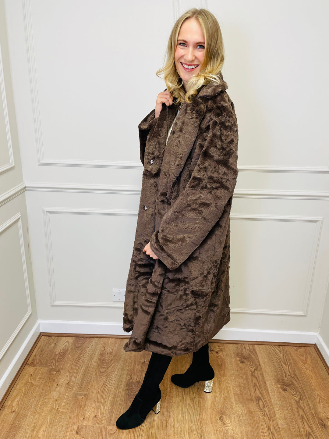 "NATALIA" Longline Fur Coat-Brown