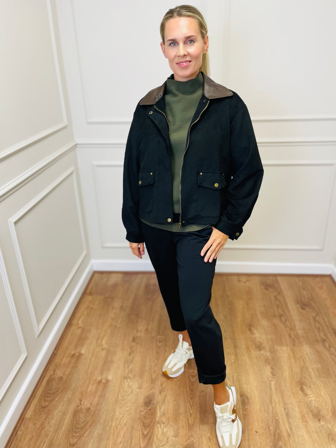 "NINA" Suede Bomber Jacket-Black