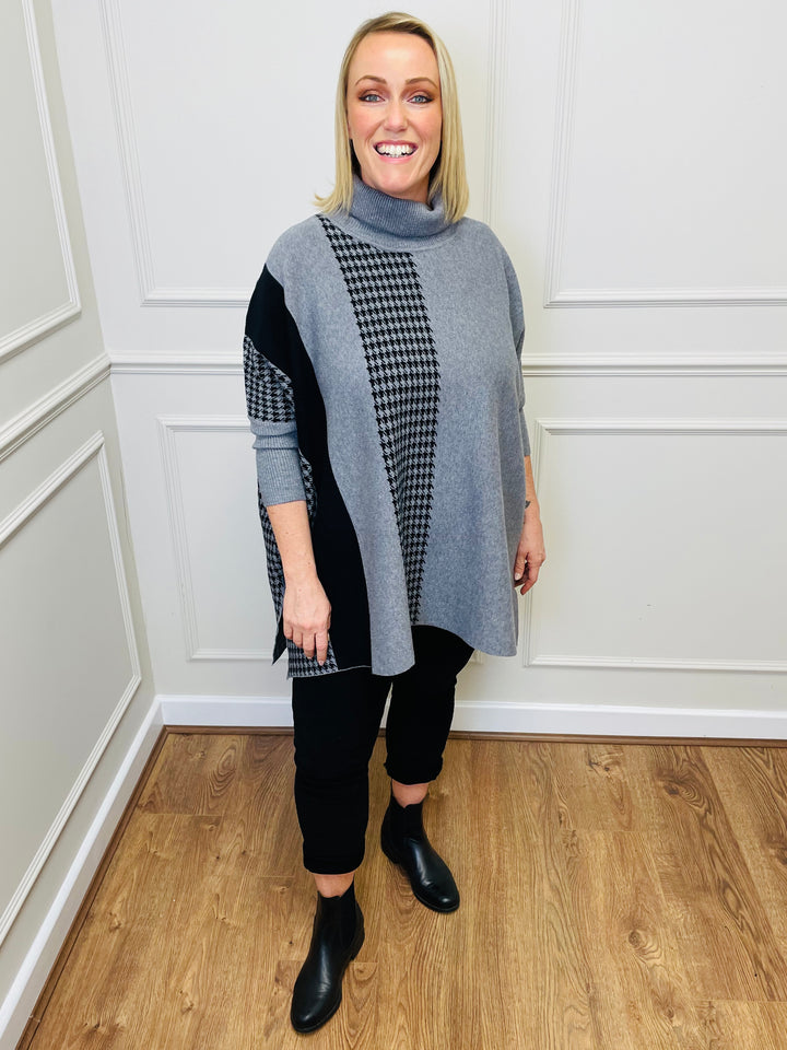 "DANIELA" Houndstooth Print Poncho-Grey & Black