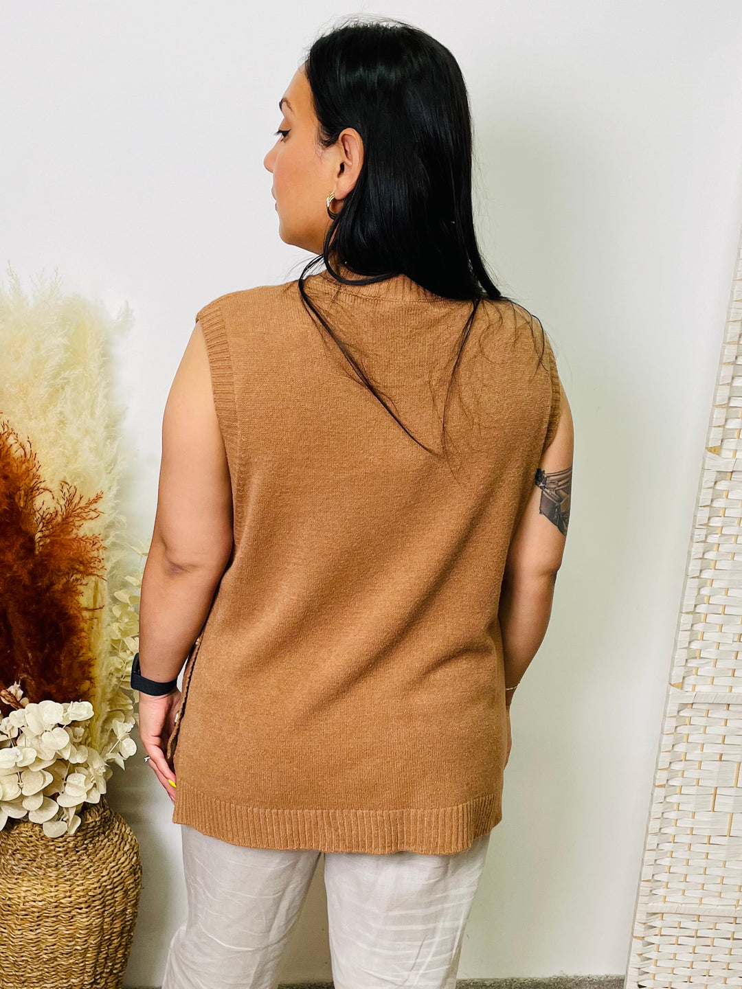 "MIRA" Knitted Tank Top-Camel