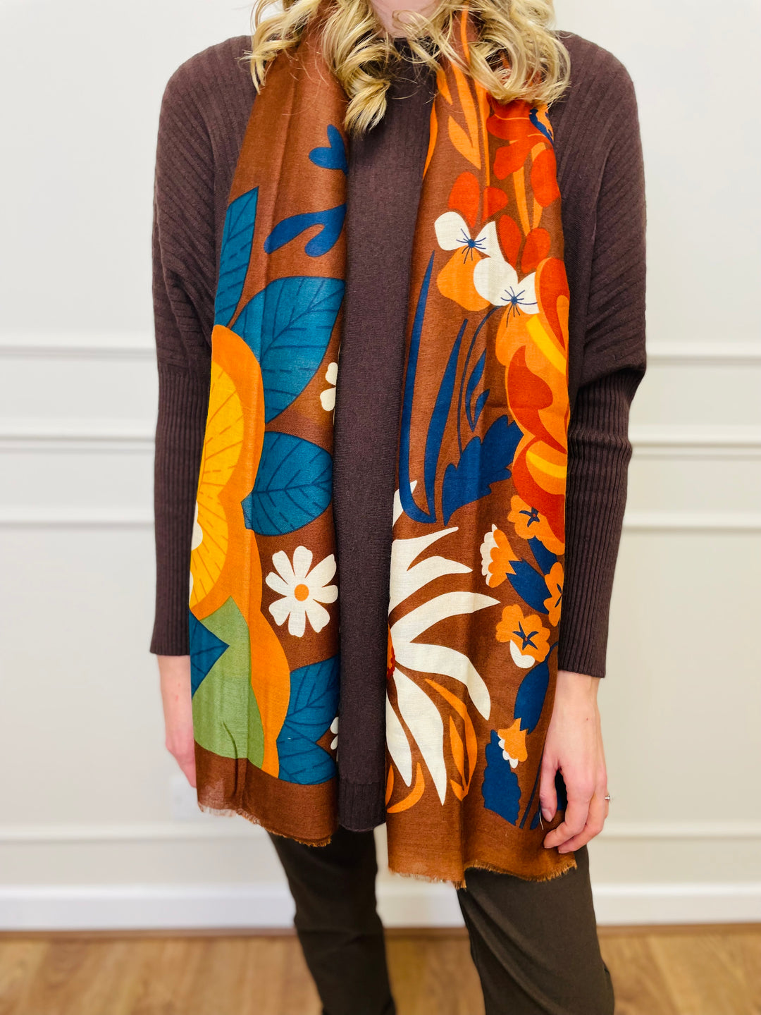 No.117 Floral Print Scarf-Tan & Multicolour