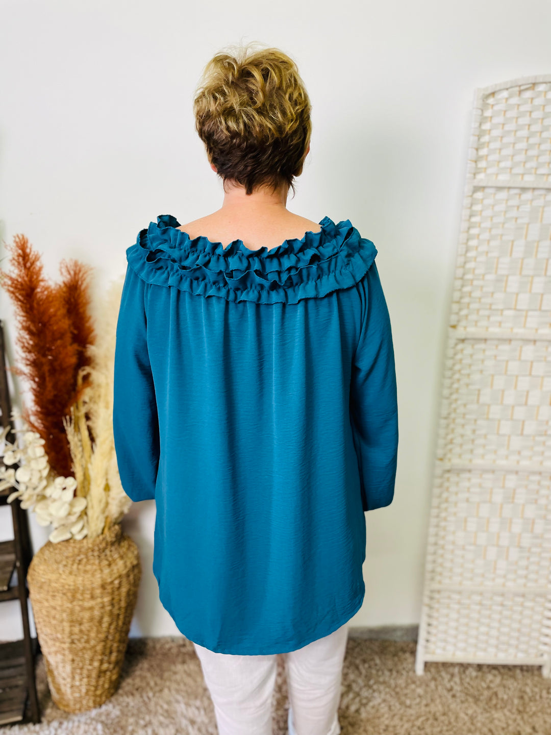 "LAYLA” Ruffle Blouse-Teal