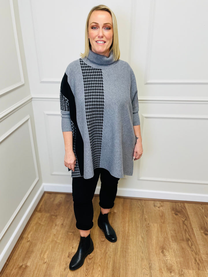"DANIELA" Houndstooth Print Poncho-Grey & Black