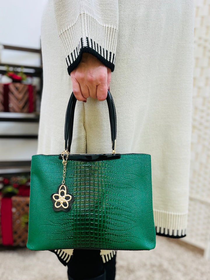 Croc Print Handbag-Green & Black