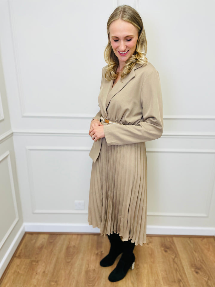 "CELIA" Pleated Dress-Camel