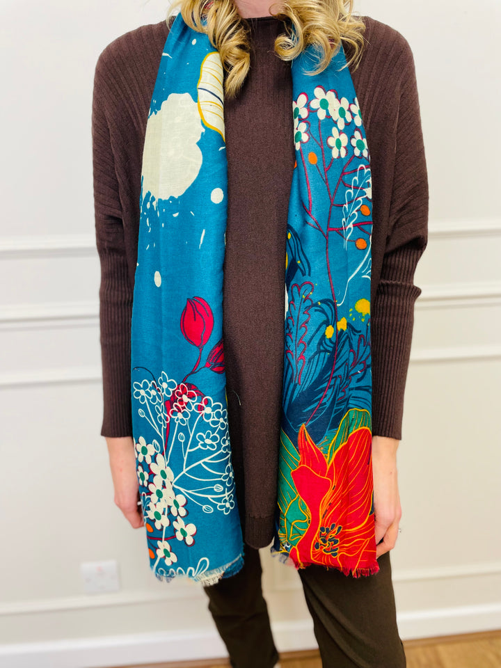 No.118 Artistic Print Scarf-Teal & Multicolour