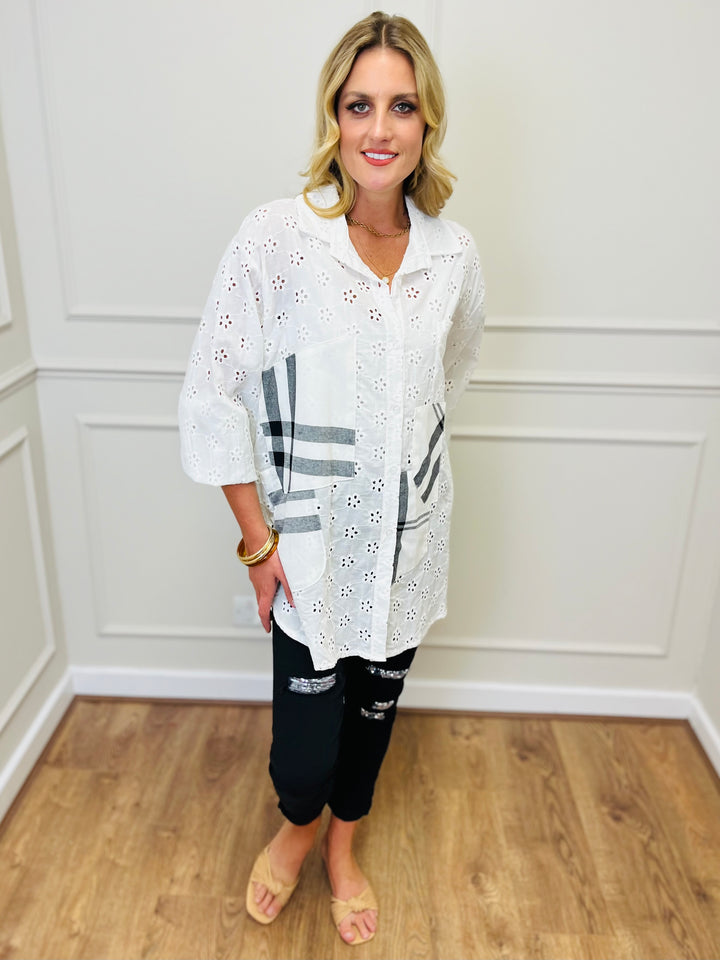 "ISLA" Broderie Shirt-White & Black