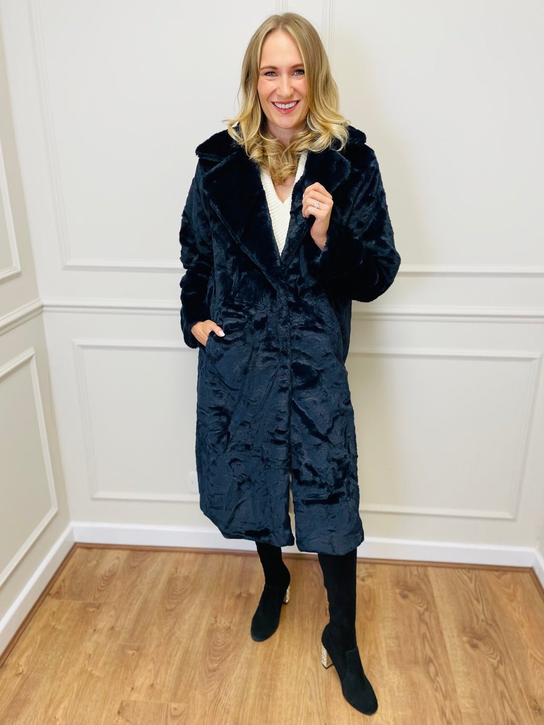 "NATALIA" Longline Fur Coat-Navy