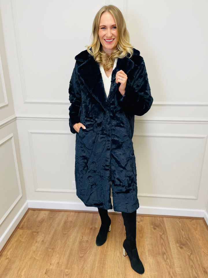 "NATALIA" Longline Fur Coat-Navy