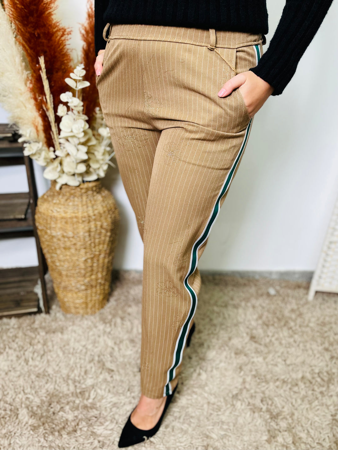 "NALA" Pin Stripe Trousers-Camel