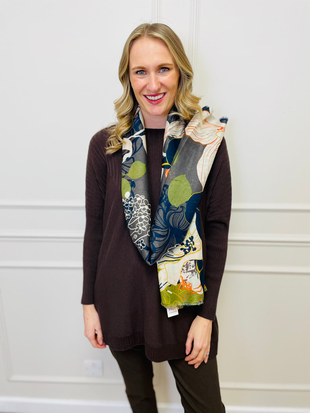 No.118 Artistic Print Scarf-Grey & Multicolour