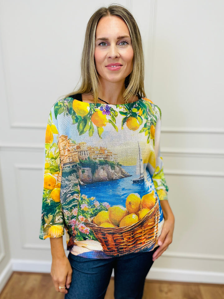 "THEA" Lemon Print Fine Knit Top-Multicolour