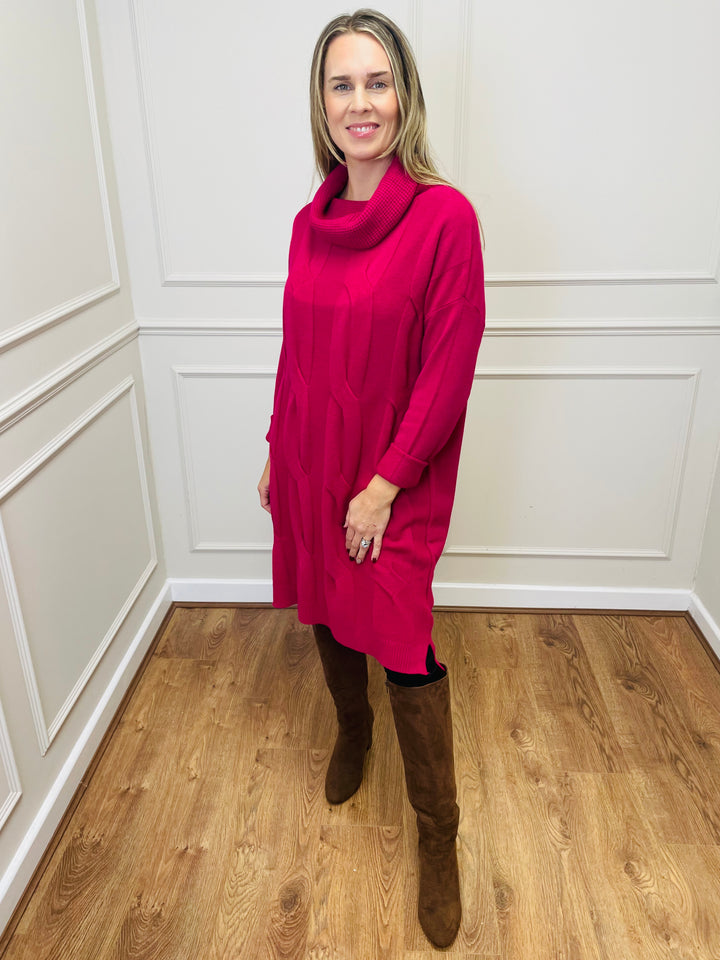"BELINDA" Cable Knit Roll Neck Dress-Pink