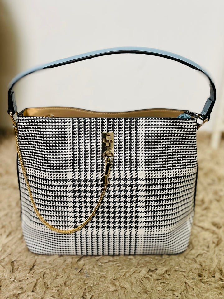 No.44 Dogtooth Print Handbag-White & Blue