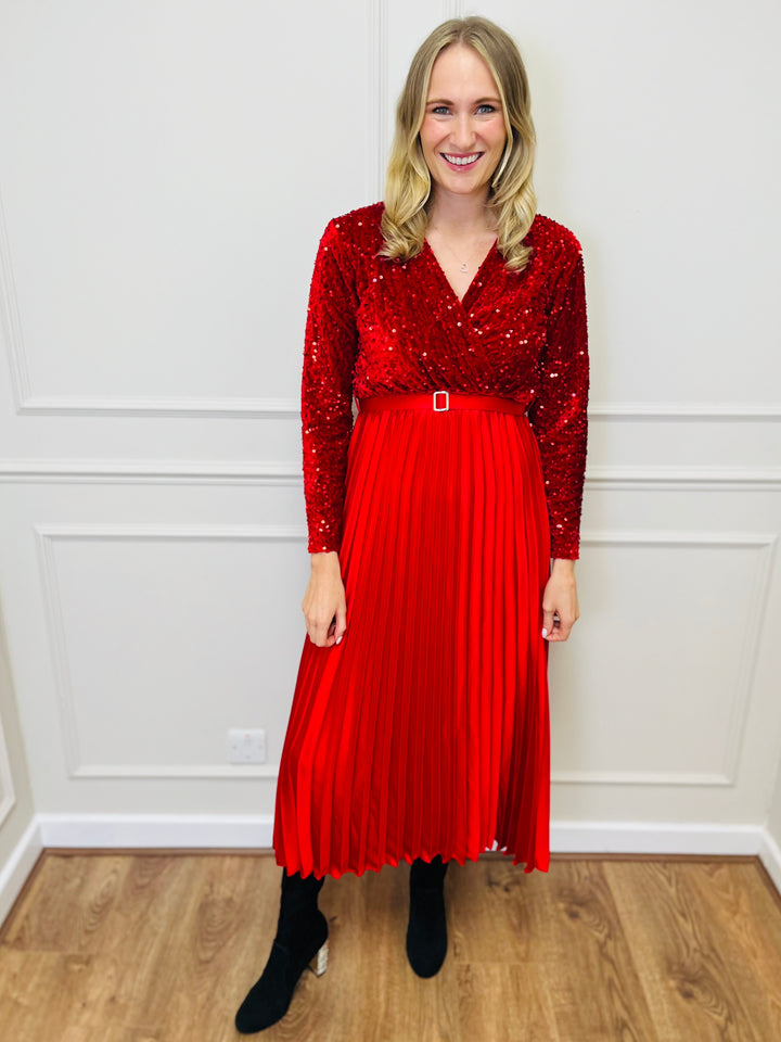 "ROSALIE" Pleated Dress-Red