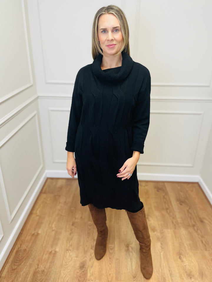 "BELINDA" Cable Knit Roll Neck Dress-Black