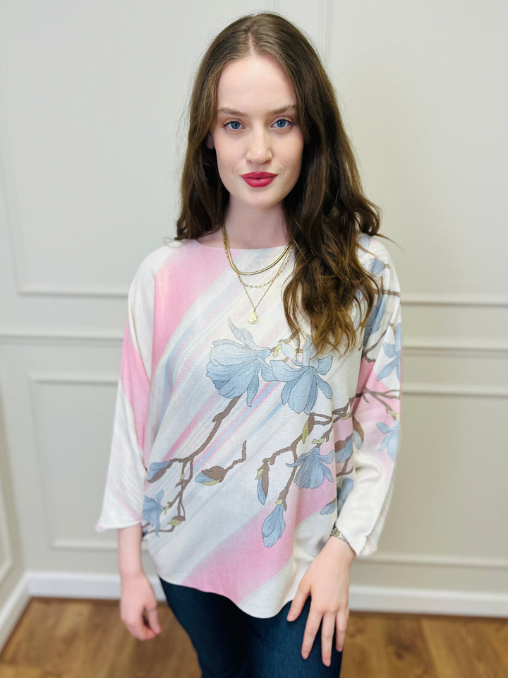 "SPRING" Floral Print Fine Knit-Cream & Pink