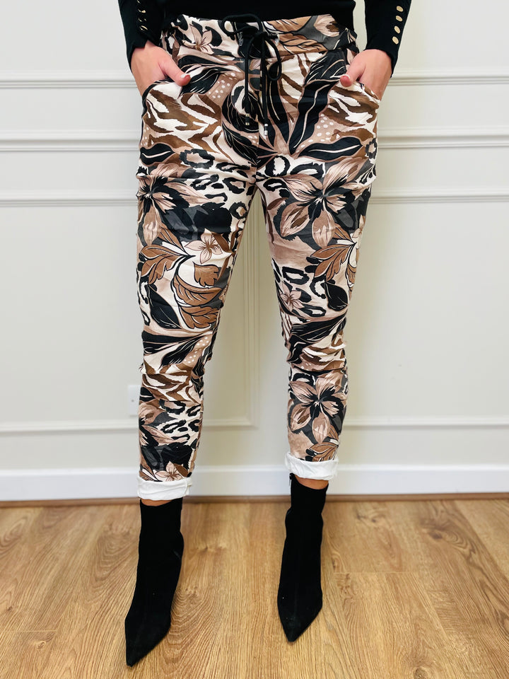 "CARMELA" Animal & Floral Print Trouser-Brown & Cream