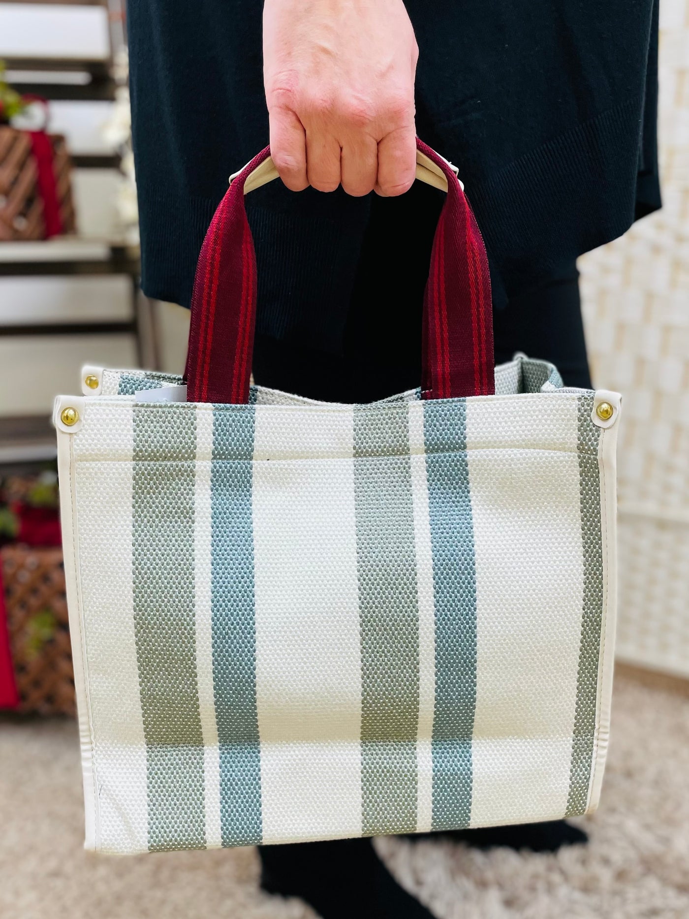Stripe Print Handbag-Cream/Green & Teal