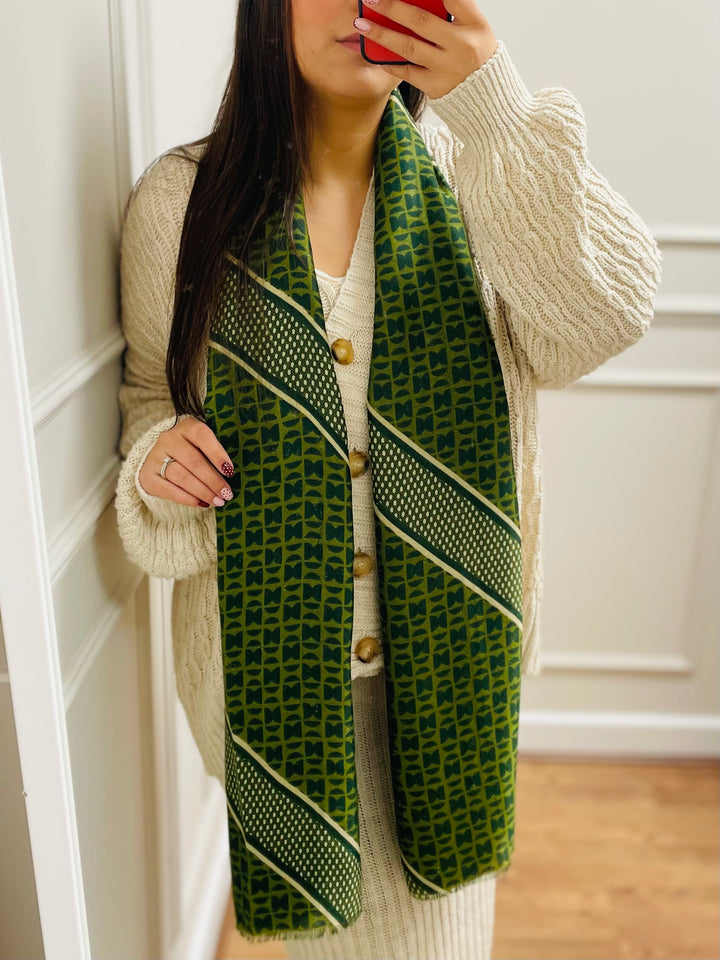 No.115 Artistic Print Scarf-Green & Cream