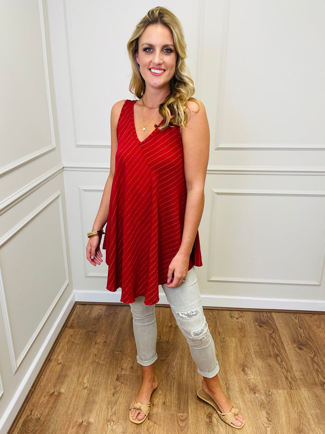 "MIRANDA" Stripe Print Vest Top-Red & White