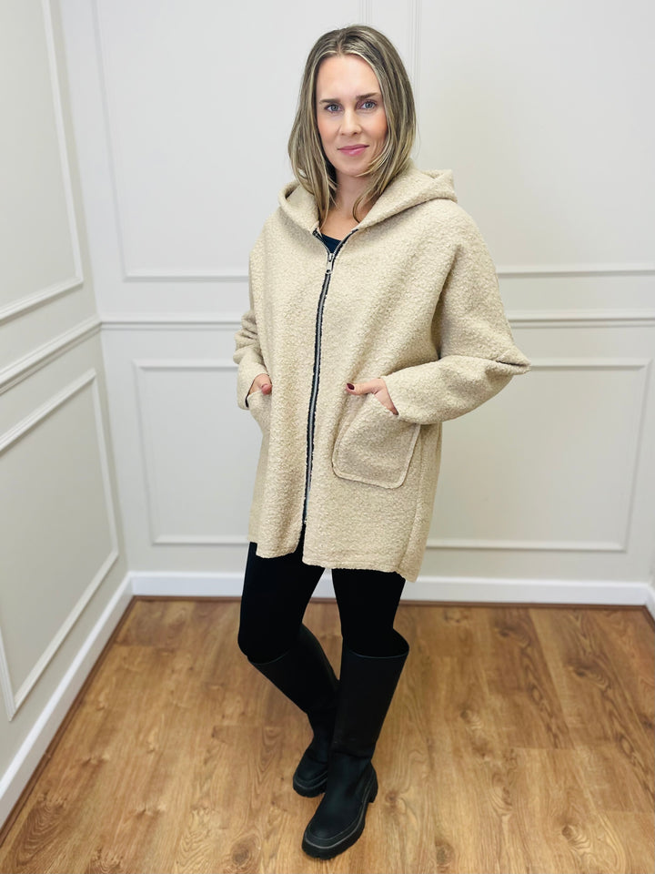 "ARLENE" Hooded Zip Coat-Cream