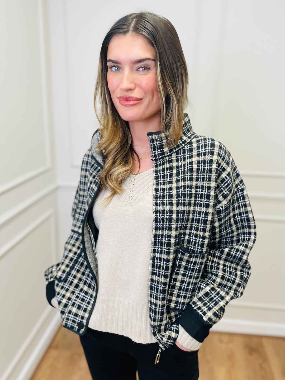 "CELINE" Checked Jacket-Black/White & Tan