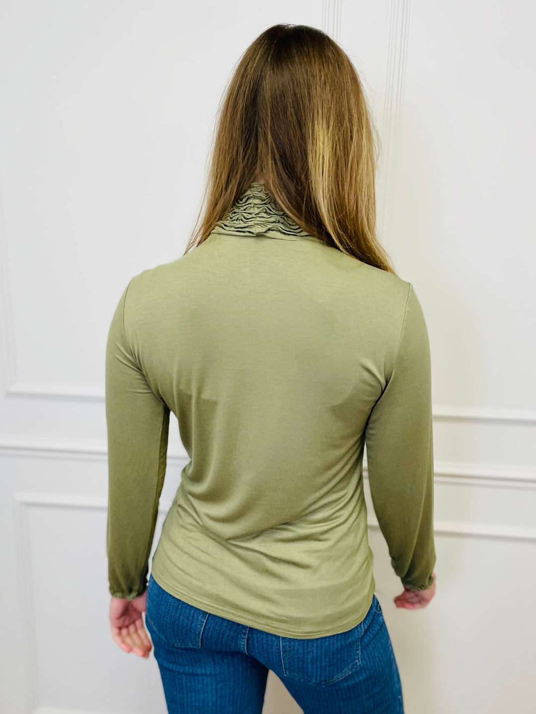 "LIVIA" Ruffle Polo Neck Top-Green