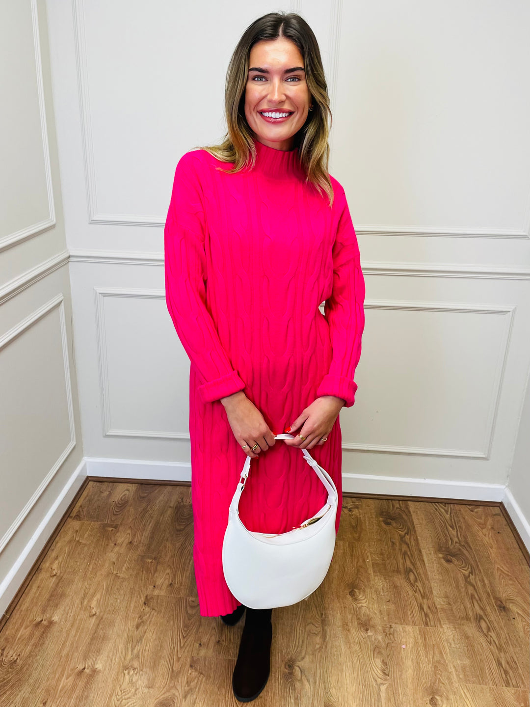 "ELY" Cable Knit Midi Dress-Cerise Pink