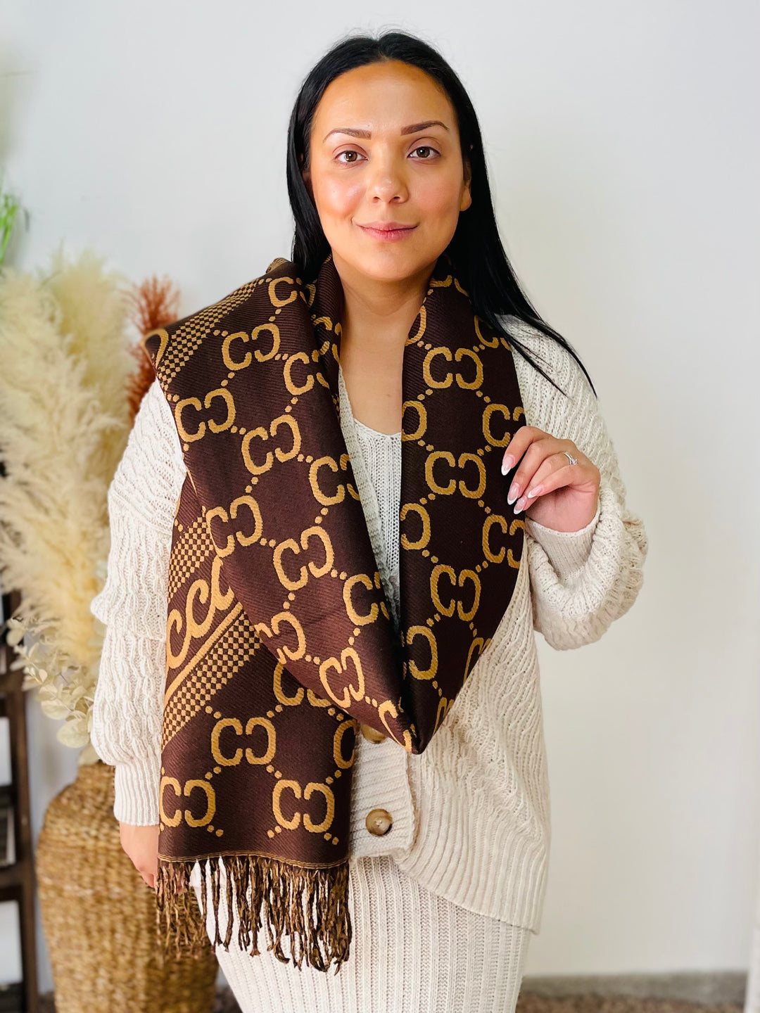 No.53 Designer Inspired Reversible Scarf-Brown & Tan