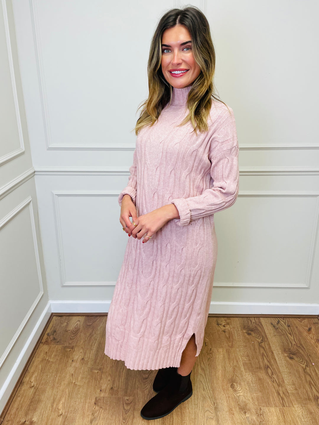 "ELY" Cable Knit Midi Dress-Blush Pink