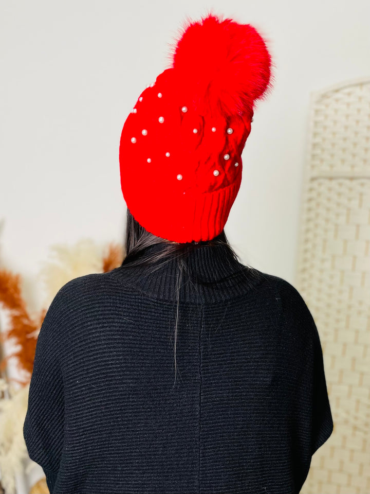 Pearl & Faux Fur Pom Hat-Red